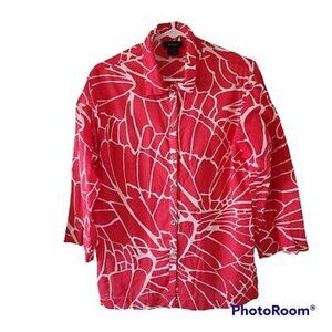 Natori Pink White Button Front Cotton Blouse 3/4 Sleeves Women Size Small